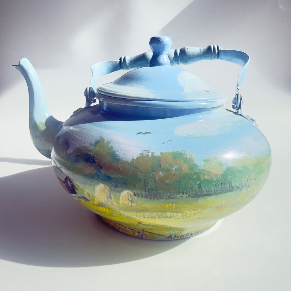 Aschenbrenner Hand Painted Landscape Enamel Tea Kettle Blue Vintage Folk Art